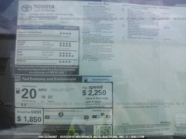 3TMCZ5AN4HM074413 - 2017 TOYOTA TACOMA DBL CAB/SR/TRDSPT/OR/PRO თეთრი ფოტო 6