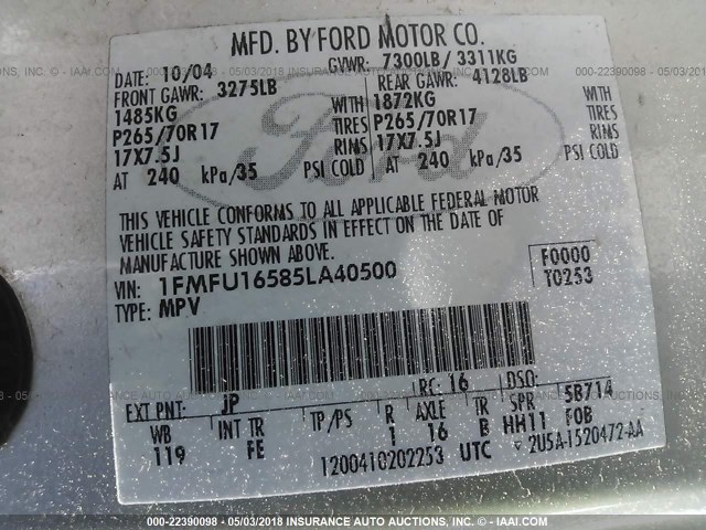 1FMFU16585LA40500 - 2005 FORD EXPEDITION XLT ვერცხლისფერი ფოტო 9