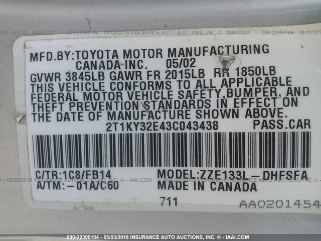 2T1KY32E43C043438 - 2003 TOYOTA COROLLA MATRIX XRS SILVER photo 9