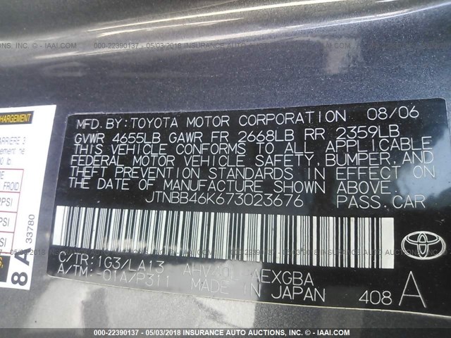 JTNBB46K673023676 - 2007 TOYOTA CAMRY NEW GENERAT HYBRID GRAY photo 9