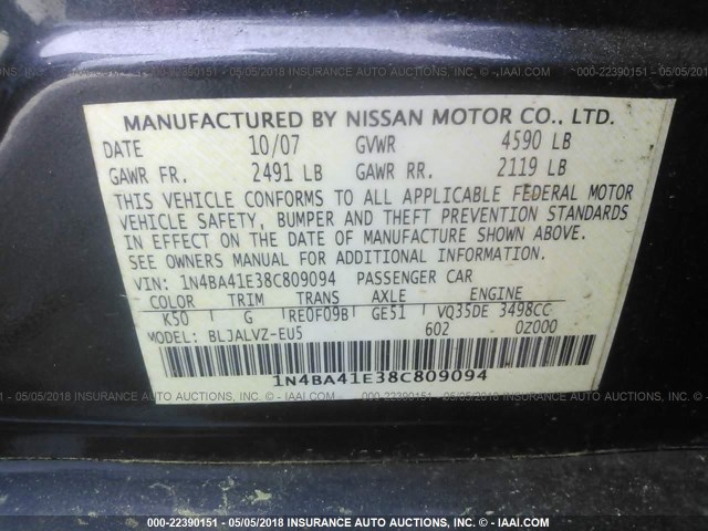 1N4BA41E38C809094 - 2008 NISSAN MAXIMA SE/SL GRAY photo 9