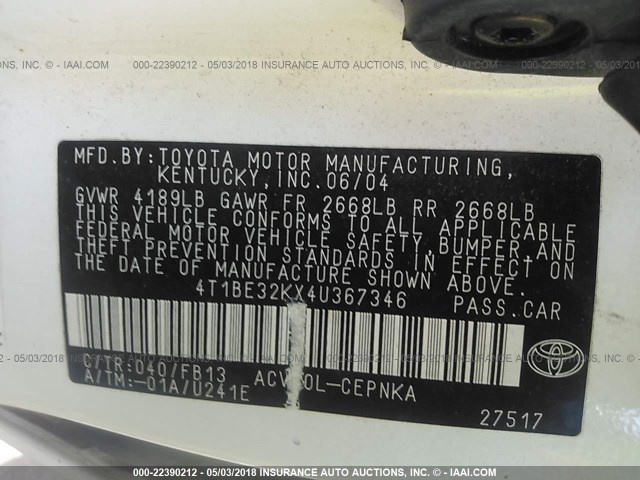 4T1BE32KX4U367346 - 2004 TOYOTA CAMRY LE/XLE/SE WHITE photo 9