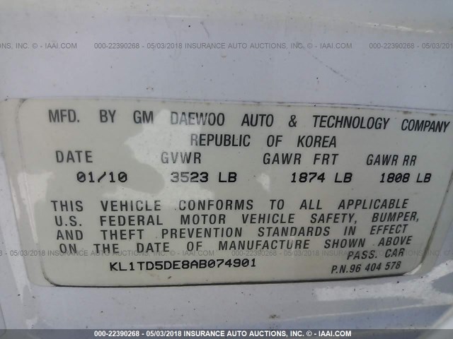 KL1TD5DE8AB074901 - 2010 CHEVROLET AVEO LS/LT 白色 照片 9