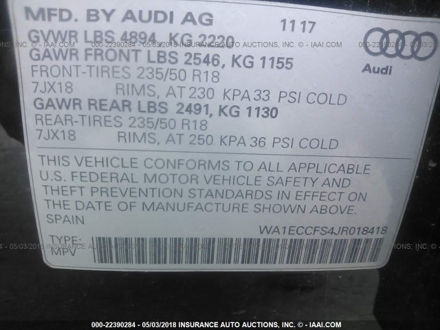 WA1ECCFS4JR018418 - 2018 AUDI Q3 PREMIUM BLACK photo 9