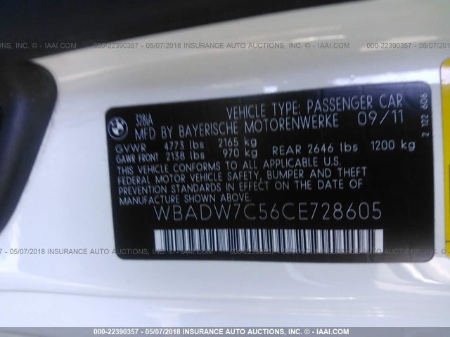 WBADW7C56CE728605 - 2012 BMW 328 I SULEV WHITE photo 9