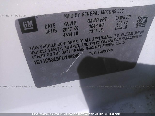 1G11C5SL5FU148249 - 2015 CHEVROLET MALIBU 1LT 白色 照片 9