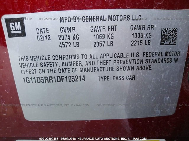 1G11D5RR1DF105214 - 2013 CHEVROLET MALIBU 1LT 勃艮第红 照片 9