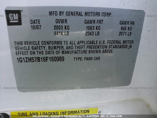 1G1ZH57B18F160989 - 2008 CHEVROLET MALIBU 1LT 白色 照片 9