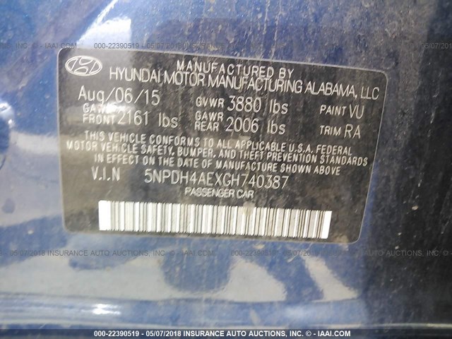 5NPDH4AEXGH740387 - 2016 HYUNDAI ELANTRA SE/SPORT/LIMITED BLUE photo 9