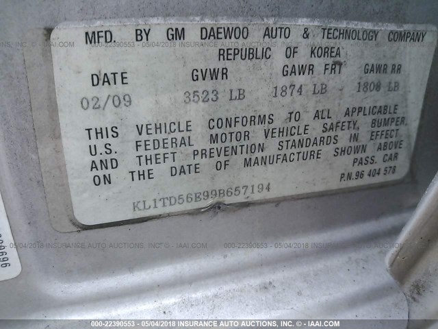 KL1TD56E99B657194 - 2009 CHEVROLET AVEO LS/LT 银色 照片 9