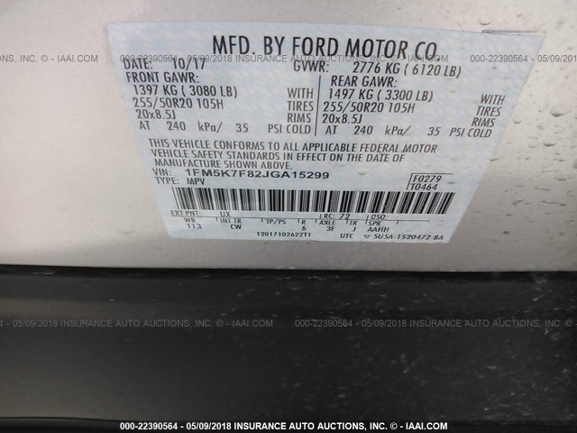 1FM5K7F82JGA15299 - 2018 FORD EXPLORER LIMITED 银色 照片 9