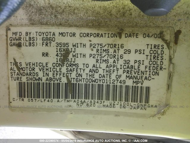 JT6HT00W0Y0112749 - 2000 LEXUS LX 470 WHITE photo 9