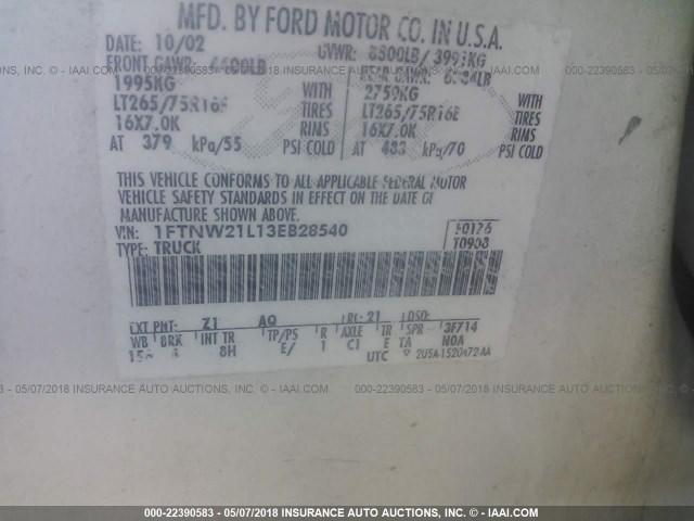 1FTNW21L13EB28540 - 2003 FORD F250 SUPER DUTY WHITE photo 9