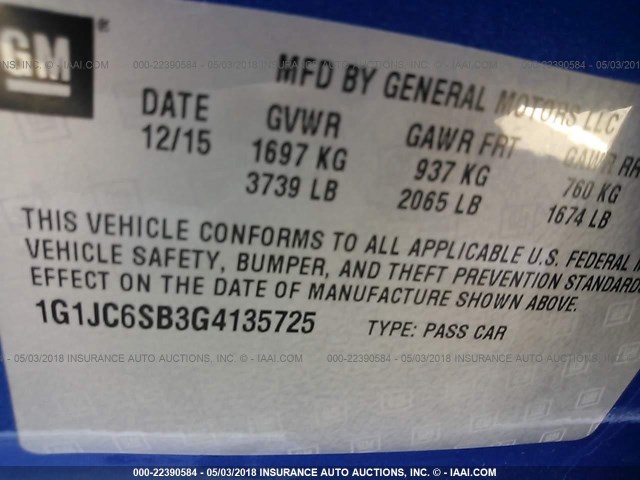 1G1JC6SB3G4135725 - 2016 CHEVROLET SONIC LT BLUE photo 9