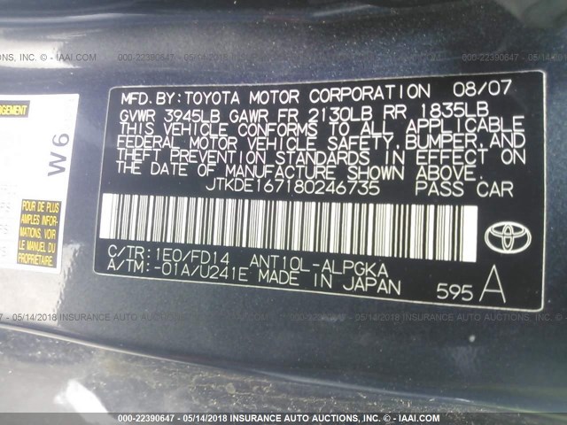 JTKDE167180246735 - 2008 TOYOTA SCION TC 灰色 照片 9