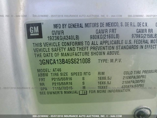 3GNCA13B49S621008 - 2009 CHEVROLET HHR LS SILVER photo 9