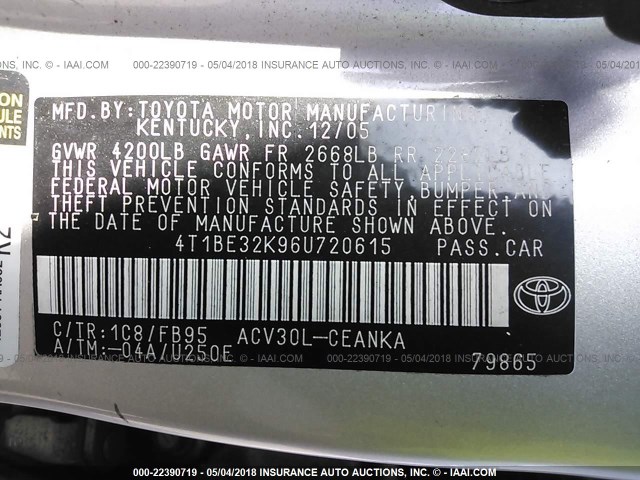 4T1BE32K96U720615 - 2006 TOYOTA CAMRY LE/XLE/SE ვერცხლისფერი ფოტო 9