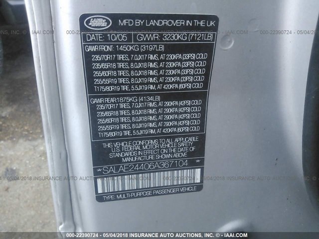 SALAE24406A367104 - 2006 LAND ROVER LR3 SILVER photo 9