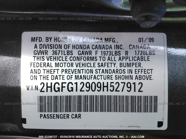 2HGFG12909H527912 - 2009 HONDA CIVIC EXL BLACK photo 9
