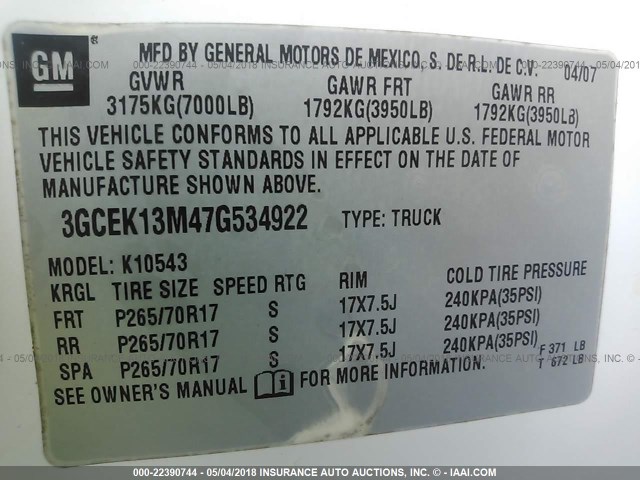 3GCEK13M47G534922 - 2007 CHEVROLET SILVERADO K1500 CREW CAB WHITE photo 9