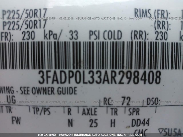 3FADP0L33AR298408 - 2010 FORD FUSION HYBRID WHITE photo 9