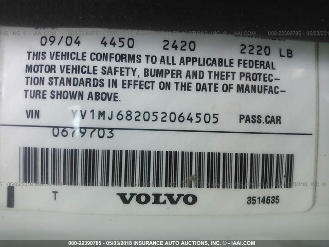 YV1MJ682052064505 - 2005 VOLVO V50 T5 WHITE photo 9