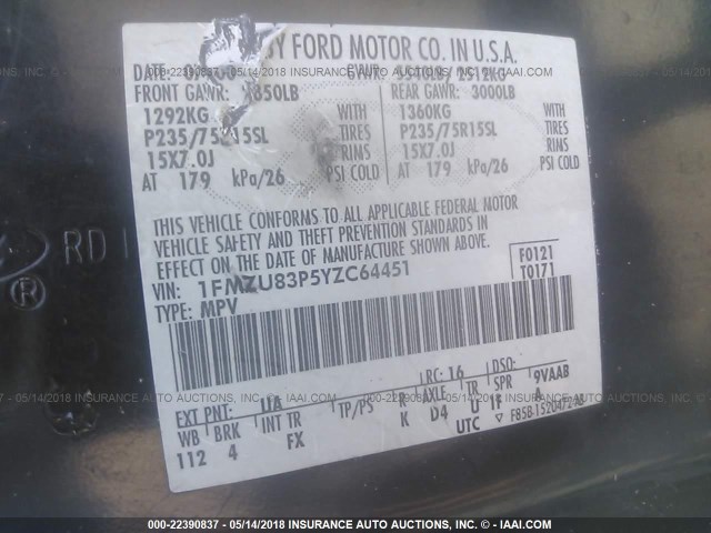 1FMZU83P5YZC64451 - 2000 FORD EXPLORER XLT BLACK photo 9