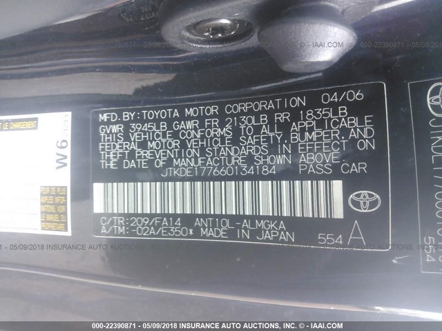 JTKDE177660134184 - 2006 TOYOTA SCION TC 黑色 照片 9