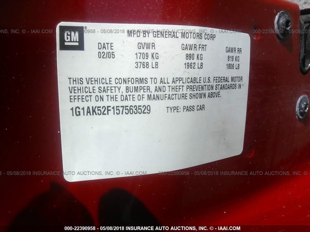 1G1AK52F157563529 - 2005 CHEVROLET COBALT RED photo 9