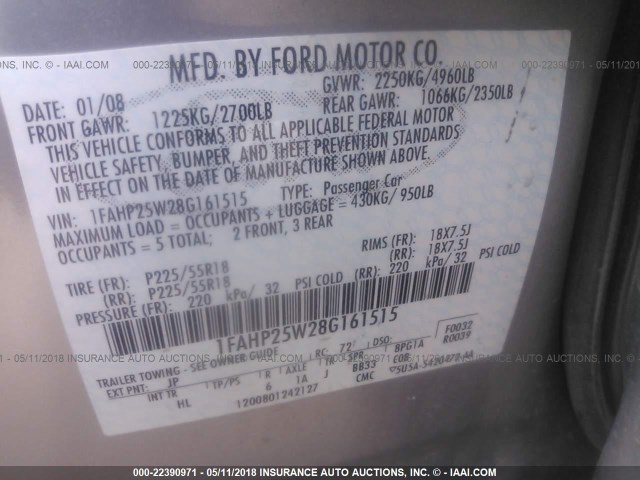 1FAHP25W28G161515 - 2008 FORD TAURUS LIMITED TAN photo 9