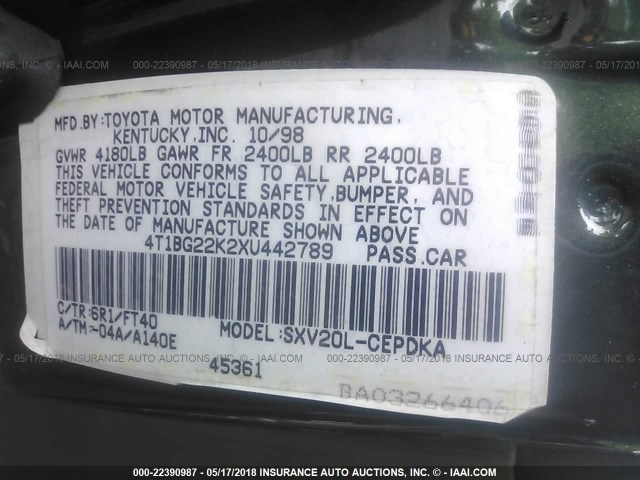 4T1BG22K2XU442789 - 1999 TOYOTA CAMRY CE/LE/XLE 绿色 照片 9