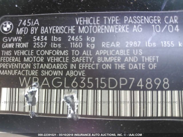 WBAGL63515DP74898 - 2005 BMW 745 I BLACK photo 9