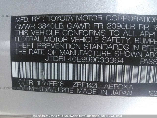 JTDBL40E999033364 - 2009 TOYOTA COROLLA LE/XLE SILVER photo 9