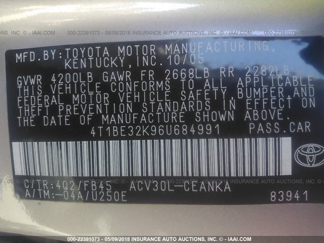 4T1BE32K96U684991 - 2006 TOYOTA CAMRY LE/XLE/SE GOLD photo 9
