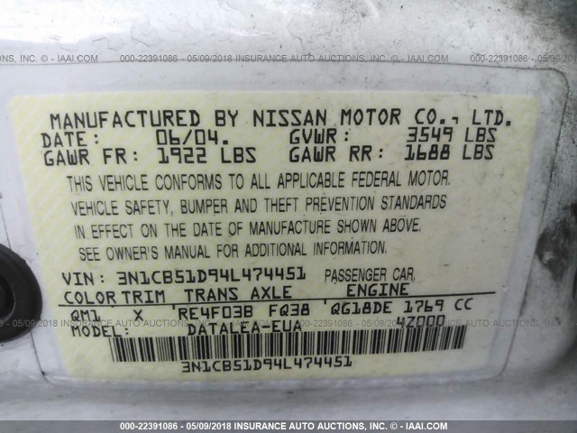 3N1CB51D94L474451 - 2004 NISSAN SENTRA 1.8/1.8S WHITE photo 9