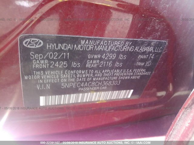 5NPEC4AC8CH368303 - 2012 HYUNDAI SONATA SE/LIMITED RED photo 9