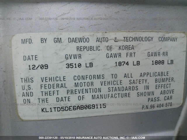 KL1TD5DE6AB069115 - 2010 CHEVROLET AVEO LS/LT 银色 照片 9