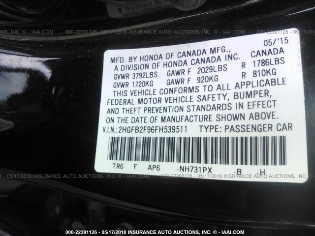 2HGFB2F96FH539511 - 2015 HONDA CIVIC EXL შავი ფოტო 9