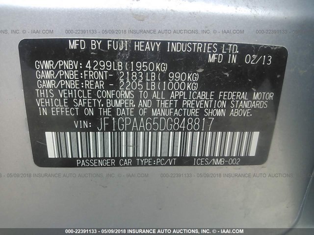 JF1GPAA65DG848817 - 2013 SUBARU IMPREZA SILVER photo 9