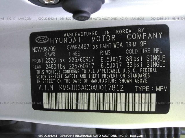 KM8JU3AC0AU017812 - 2010 HYUNDAI TUCSON GLS/LIMITED 银色 照片 9