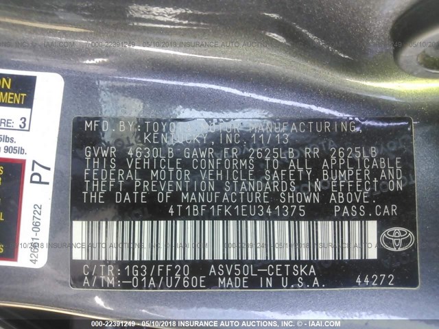 4T1BF1FK1EU341375 - 2014 TOYOTA CAMRY L/SE/LE/XLE ნაცრისფერი ფოტო 9