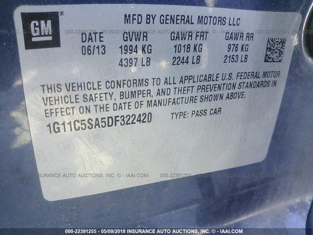 1G11C5SA5DF322420 - 2013 CHEVROLET MALIBU 1LT BLUE photo 9