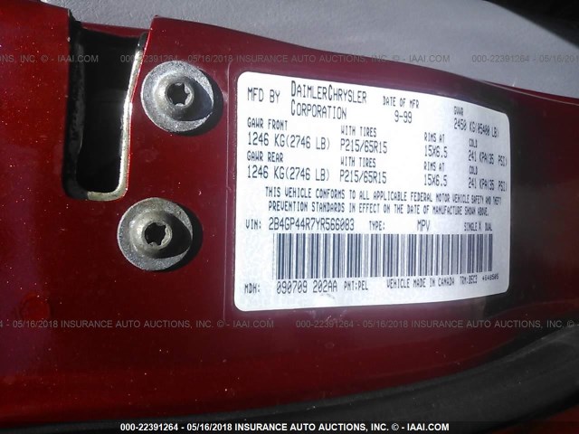 2B4GP44R7YR566083 - 2000 DODGE GRAND CARAVAN SE/SPORT RED photo 9