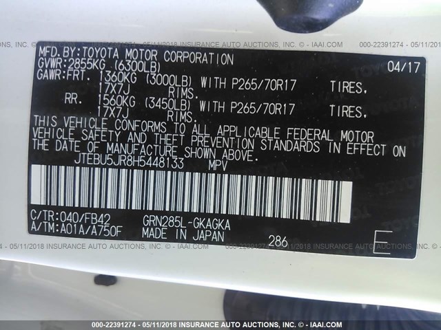 JTEBU5JR8H5448133 - 2017 TOYOTA 4RUNNER SR5 PREM/LTDL/TRAIL/TRD WHITE photo 9