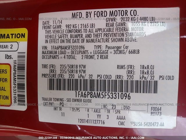 1FA6P8AM5F5331096 - 2015 FORD MUSTANG RED photo 9