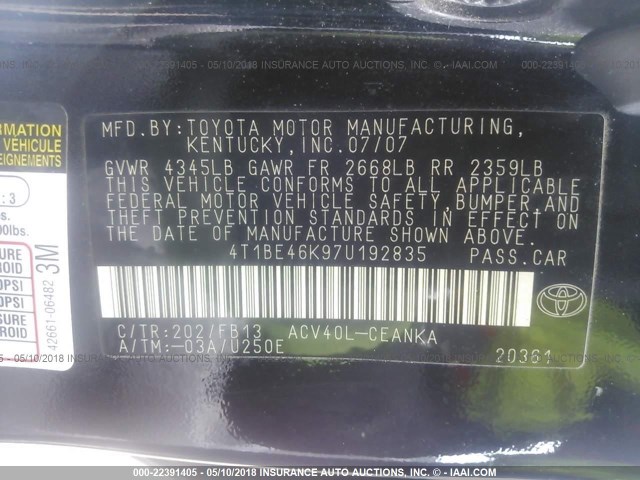 4T1BE46K97U192835 - 2007 TOYOTA CAMRY NEW GENERAT CE/LE/XLE/SE BLACK photo 9
