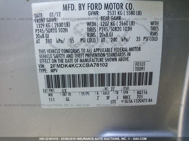 2FMDK4KCXCBA78102 - 2012 FORD EDGE LIMITED SILVER photo 9