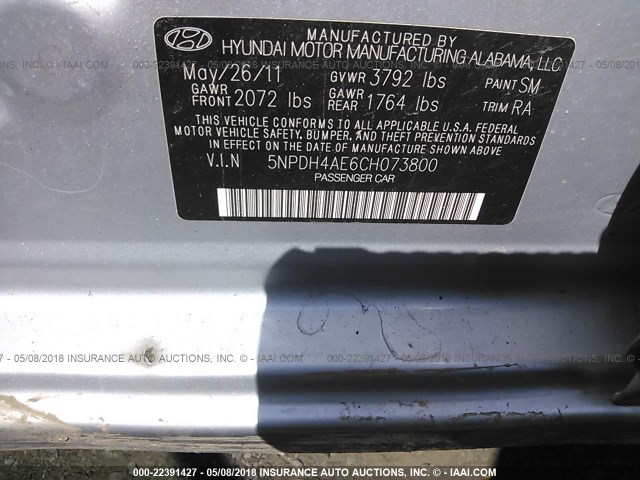 5NPDH4AE6CH073800 - 2012 HYUNDAI ELANTRA GLS/LIMITED GRAY photo 9