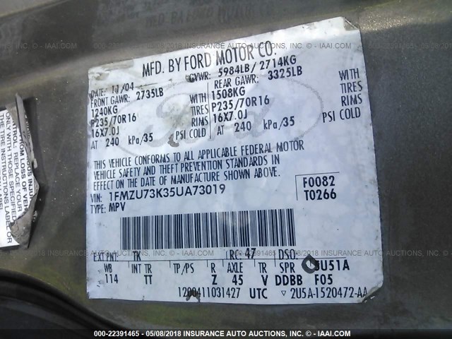 1FMZU73K35UA73019 - 2005 FORD EXPLORER XLT/XLT SPORT/NBX 灰色 照片 9