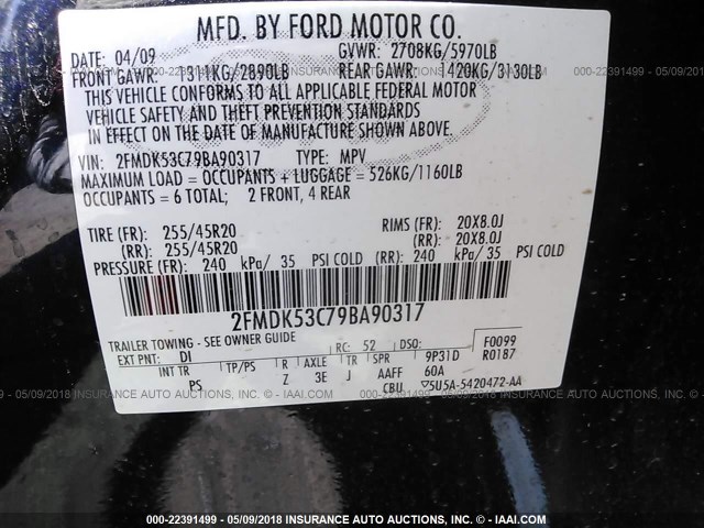 2FMDK53C79BA90317 - 2009 FORD FLEX LIMITED BLACK photo 9